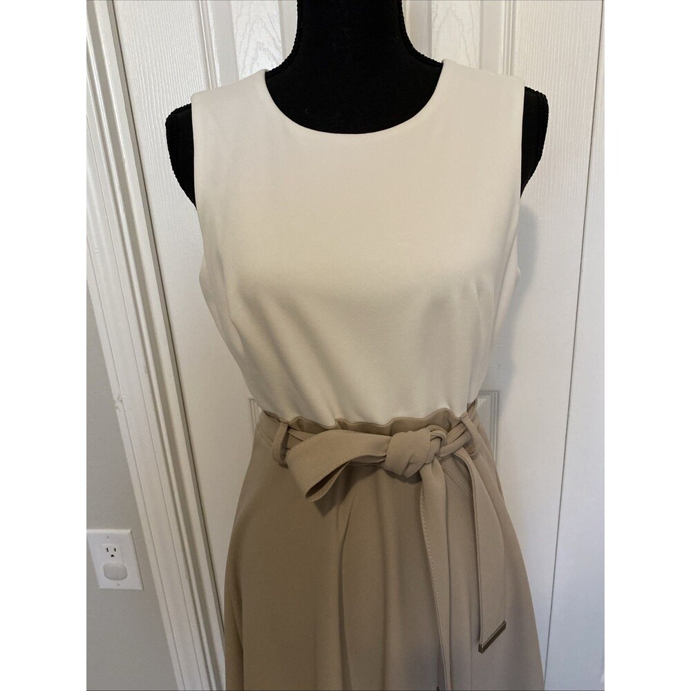 Calvin Klein Beige & White ClassyColorblock Fit & Flare Midi Dress Belted Size 6 - Picture 2 of 8